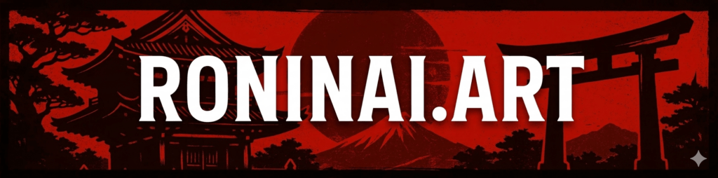 Japanese Banner Red Background Displaying in Black Ink a Bonsai, Japanese Dojo, Rising Sun, Mt. Fuji, and a Shinto Gate.  The Domain RoninAI.Art displayed in White as an overlay.