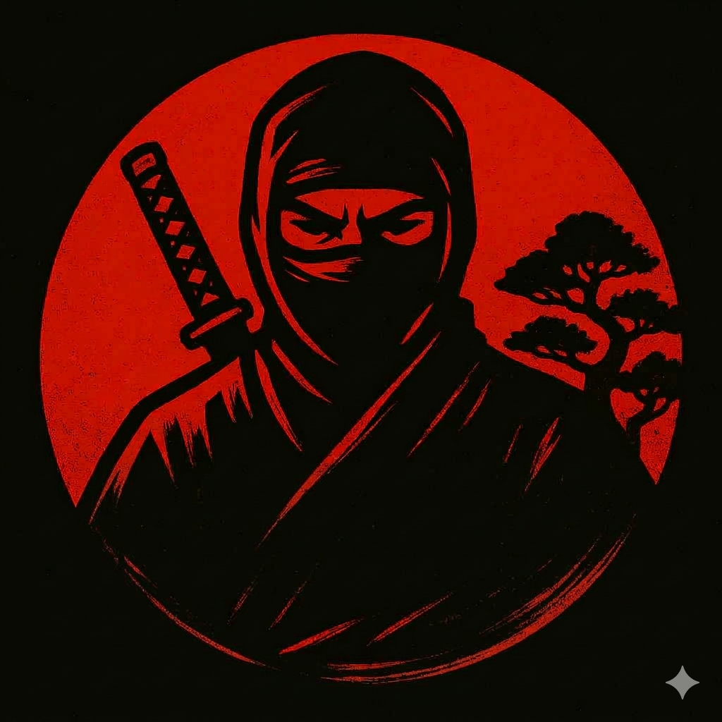 Ninja displayed in Black with a sword and a bonsai in the distance amid a Red Background.